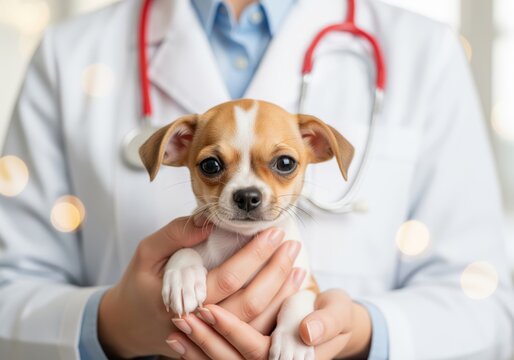Adorable chihuahua puppy held by a caring veterinarian during a routine health examination.