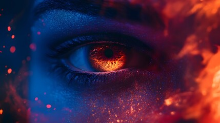 Close-up of a woman's eye with fire and blue light reflecting in it.