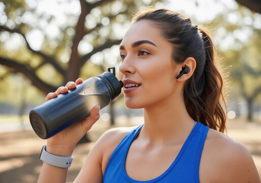 Smiling woman taking a hydration break drinking water from a bottle during outdoor fitness training.