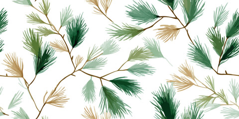 Naklejka premium Watercolor abstract pine needles and foliage in earth tones of sage green, teal, and brown seamless repeating pattern for design and fabrics.