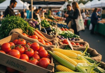 Vibrant fresh produce including ripe red tomatoes and yellow corn displayed at a bustling farmers market