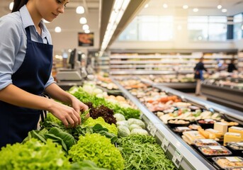 Woman employee stocking fresh leafy greens and produce on the refrigerated shelf in a grocery store.