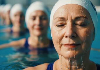 Close up of a senior woman with water dripping down her face during aquatic exercise in a swimming pool.