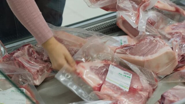 Woman choosing packaged pork in supermarket freezer, checking label for price and freshness, shopping and food lifestyle concept