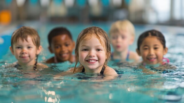 A group of happy children participate in swimming lessons in a well lit indoor pool. They are smiling and enjoying their time in the water showcasing their confidence.