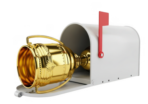 Golden trophy inside a mailbox isolated on transparent background for award delivery and winning prize concepts