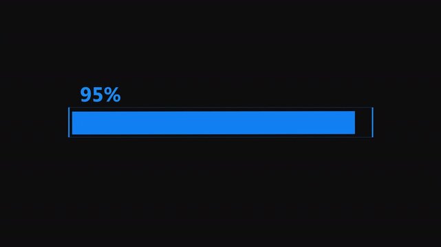 Animated minimal icon overlay of loading progress bar filling from 0 to 95 percent on black background. Symbol of download, update, buffering or digital loading screen. Concept: loading progress.