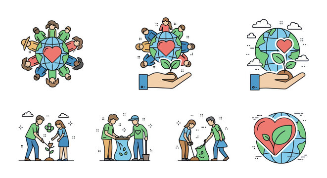Earth Day Icons: People Globe Heart and Plants for Environmental Awareness.