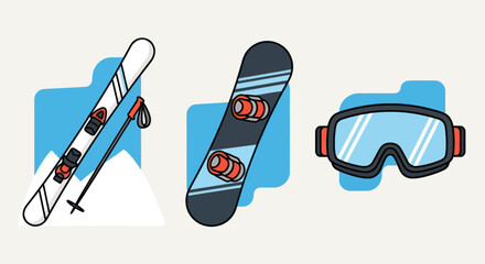 Skiing Equipment: Skis Snowboard and Goggles for Winter Sports Activities.