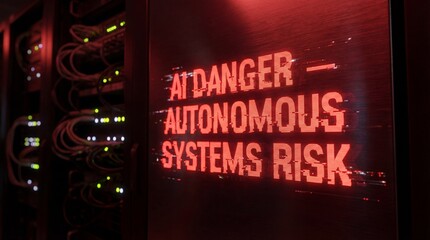 AI Danger Warning Sign on Server Room Wall, Red Holographic Text, Autonomous Systems Risk, Future Technology Threat