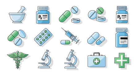Collection of Medical Supplies and Pharmaceutical Items Illustration.