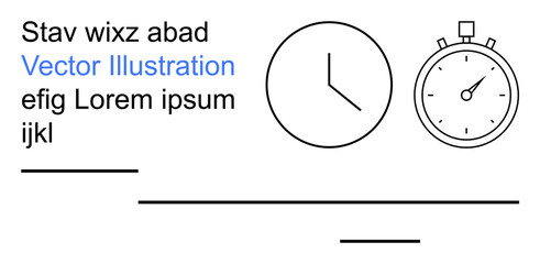 Time management, productivity, efficiency, scheduling, deadlines, organization. A clock and stopwatch with text elements. Time management and productivity concepts