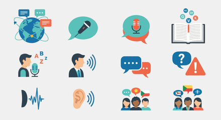 Colorful Communication Icons Representing Speech Voice and Global Interaction.