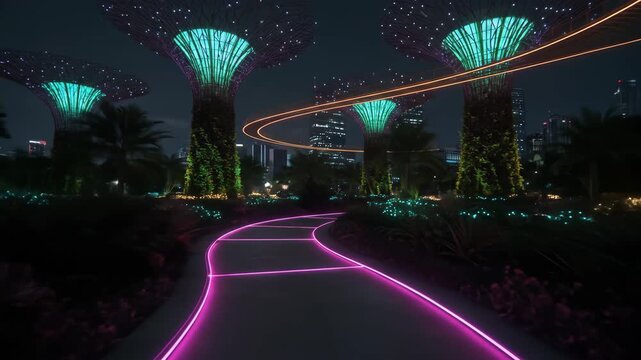 Futuristic Garden at Night with Neon Lights.