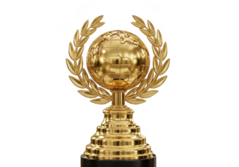 Golden globe award trophy isolated on transparent background for business and sports success