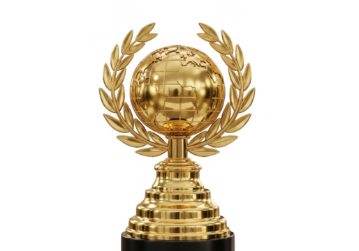 Golden globe award trophy isolated on transparent background for business and sports success