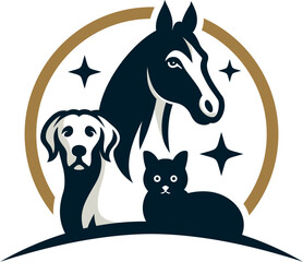  silhouette logo design of horse, dog and cat in a circle