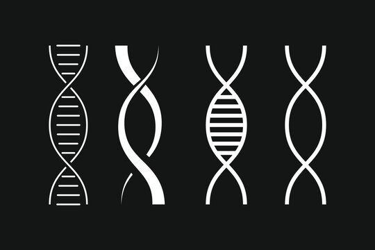 White double helix DNA vector icons set on a dark background, representing biology, innovation, and molecular structure for science projects