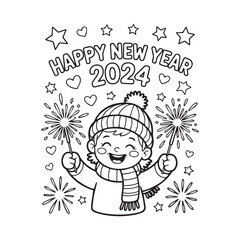Happy new year 2024 coloring page with child holding sparklers fireworks illustration vectors