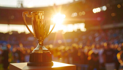 Shiny gold trophy on a podium with a cheering crowd in soft focus background