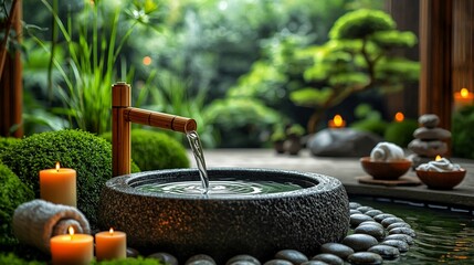 A serene Japanese Zen garden&ndash;style spa scene featuring a traditional bamboo pouring water into a natural stone bowl. Surrounded by smooth river stones, lush green moss