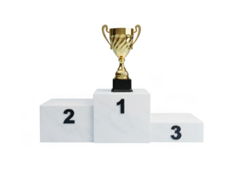 Gold trophy on podium isolated on transparent background for sports and competition use cases