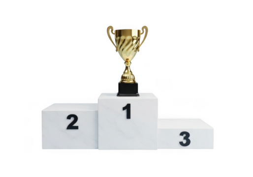 Gold trophy on podium isolated on transparent background for sports and competition use cases