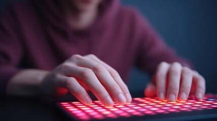 solopreneur lifestyle concept. Person playing with a colorful LED music controller interface.