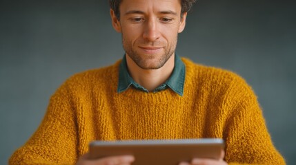 solopreneur lifestyle concept. Man in a cozy sweater using a tablet device indoors.
