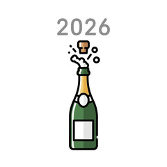Champagne bottle popping open to celebrate the new year 2026.