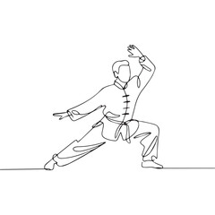 One continuous line illustration of an karate man , isolated on white background.