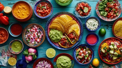 A vibrant spread of Mexican food, including tacos, salsa, guacamole, and various toppings, on a rustic blue wooden table.