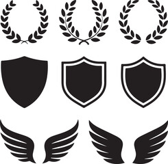 Classic heraldic emblem set with laurel wreaths, shields, and wings.