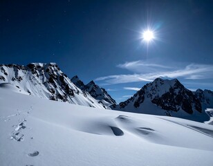 Snowy mountain landscape under the bright sun and starry night