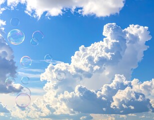 Soap bubbles floating gracefully against a backdrop of fluffy clouds and blue sky