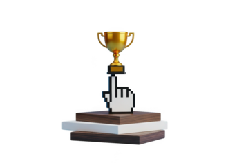 Cursor pointing to a golden trophy on a podium isolated on transparent background for digital awards and online success