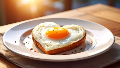Heart-shaped egg on toast, bathed in warm sunlight