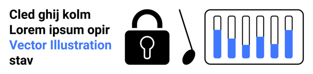 Padlock representing security, a needle, and data bars indicating progress or measurement. Ideal for privacy, cybersecurity, encryption, progress tracking, data management, safety simple landing
