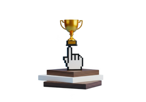 Cursor pointing to a golden trophy on a podium isolated on transparent background for digital awards and online success - Powered by Adobe