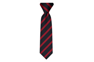 Black necktie with diagonal red stripes knot, men's professional business attire, formal fashion accessory, transparent background
