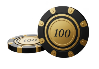 Black and gold poker chip with 100 value isolated on transparent background for casino games and luxury betting