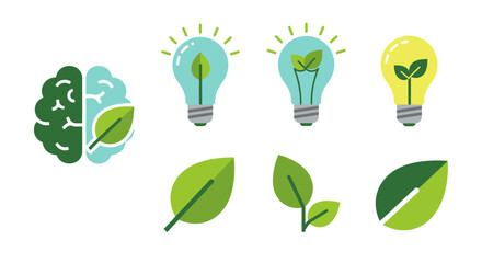 Eco-Friendly Brain and Light Bulbs with Green Leaves.