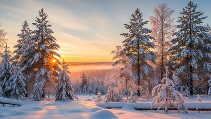 Snow covered pine trees at sunrise with golden light filtering through