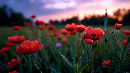 Obraz premium Vibrant Red Poppies Blooming at Sunset in a Scenic Natural Landscape