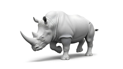 Fototapeta premium Striking 3D illustration of a majestic white rhinoceros, captured in a dynamic walking pose against a pristine white background, highlighting its powerful form and iconic horn