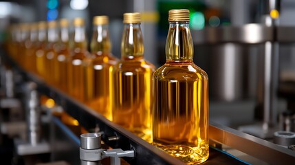 Clear Glass Bottles Filled with Golden Liquid on Production Line in Factory