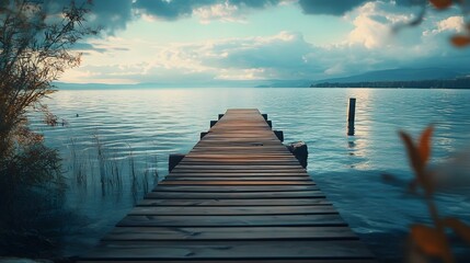 Fototapeta premium Wooden pier extending into a calm lake with mountains in the distance and a cloudy sky.