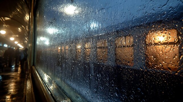 Stunning rainy window view of warm train lights reflecting on a dark evening platform - Powered by Adobe