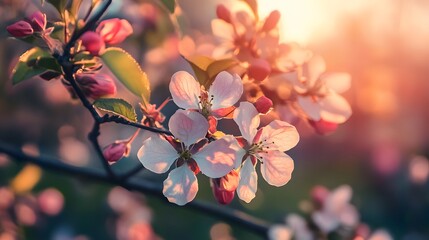 Close-up of delicate pink and white apple blossoms blooming on a branch with a warm sunset glow behind.