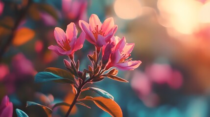Close-up of delicate pink flowers blooming on a branch against a soft, blurred background of sunlight and foliage.